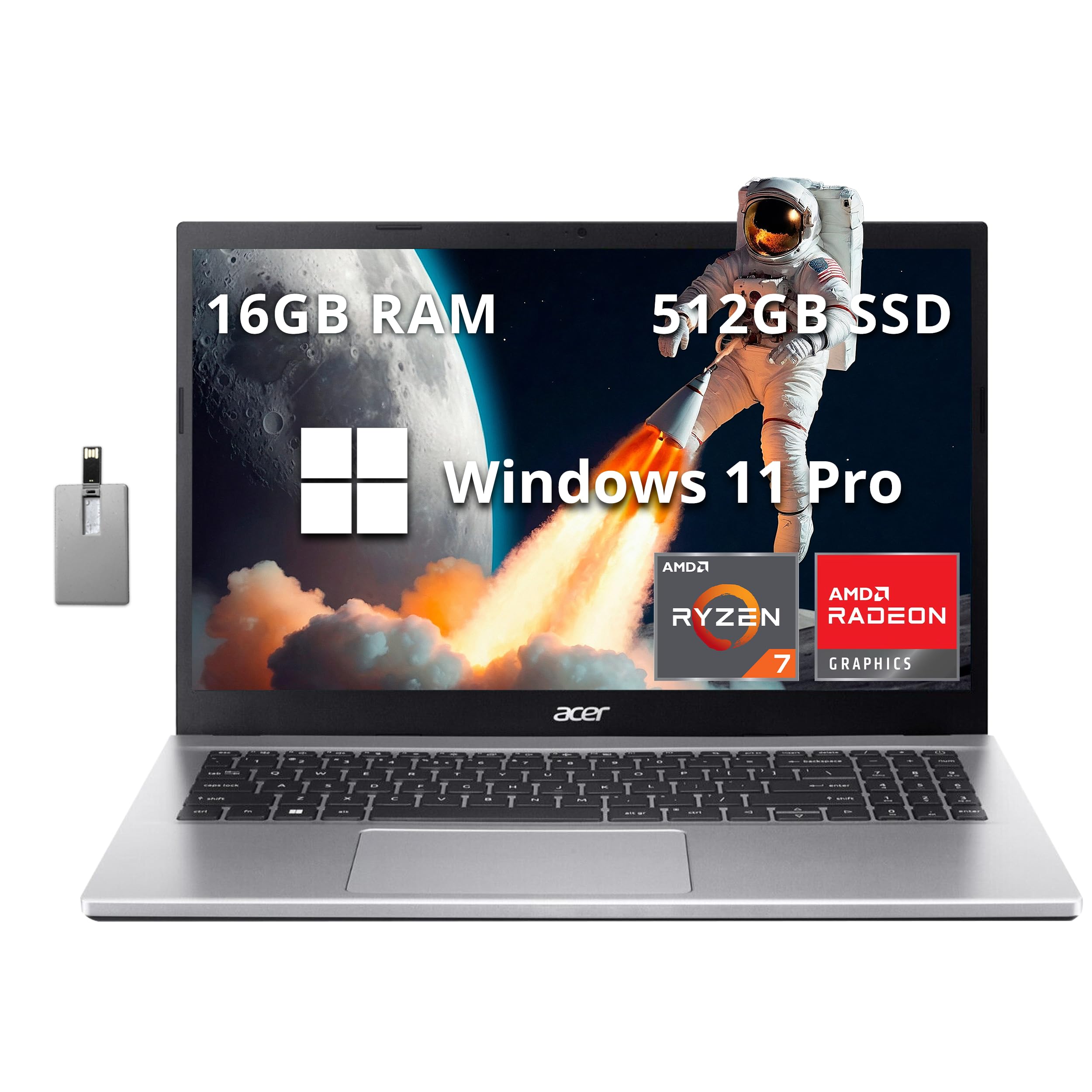 acer Aspire 3 15.6" FHD Laptop AMD Ryzen 7 5700U Processor 16GB RAM 512GB SSD AMD Radeon Graphics Numeric Keypad 720p HD Webcam Wi-Fi 6 Windows 11 Pro Silver 32GB Hotface USB Card