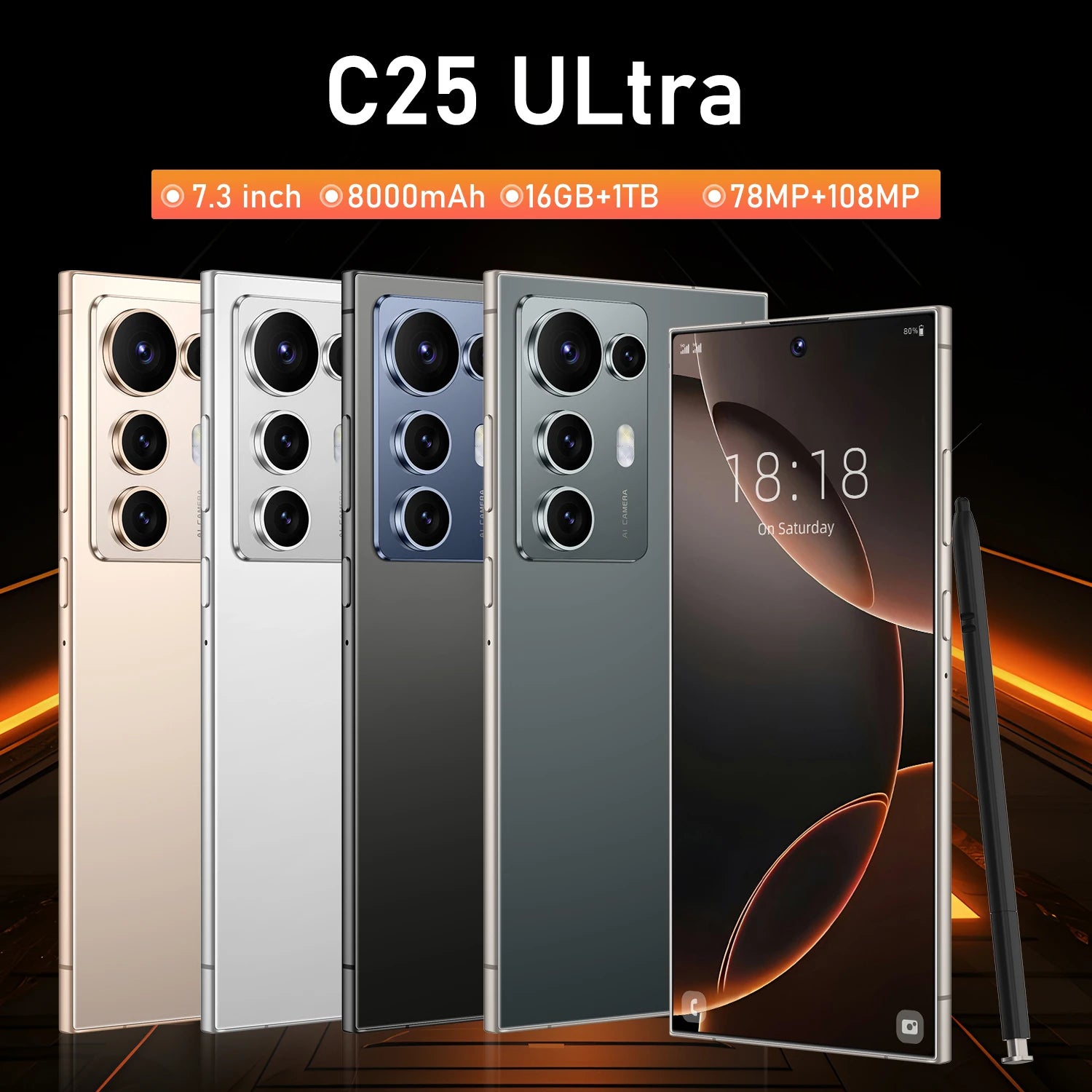 7.3 Inch C25 Ultra Pro Smartphone HD Display Dual SIM LTE CDMA 16GB 1TB Quick 65W English Version Unlocked Mobile Phone